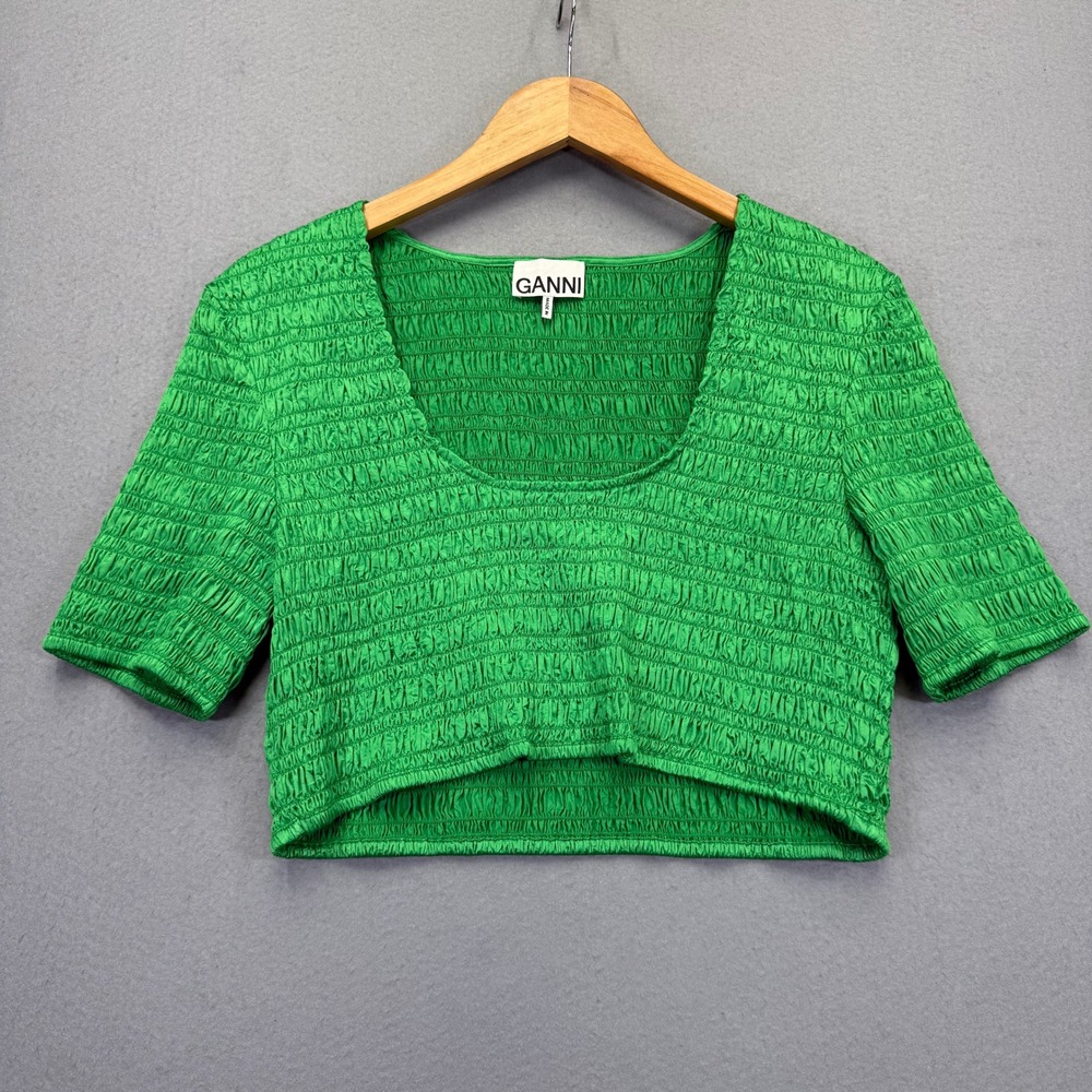 Ganni Kelly Green Smocked‎ Crop Top Short Sleeve Scoop Neck Size 44 BC.A 6490